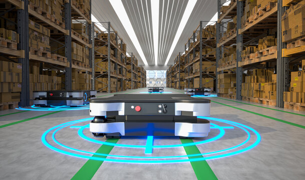 A robotic automated guided vehicle transports goods in a modern warehouse