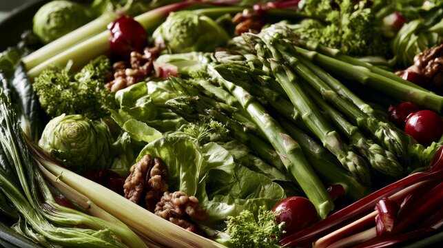 Fresh and Colorful Vegetables with Asparagus, Lettuce, Radishes, Walnuts, and Greens Arranged Beautifully on a Platter for Healthy Eating and Cooking Ideas