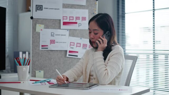 young female designer stands beside a pinboard filled with branding sketches and logo drafts in a bright, modern office, thoughtfully analyzing design variations for a corporate identity project.

