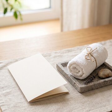 Blank Spa Brochure Mockup with Rolled Towel Stone Tray and Vertical Copy Space