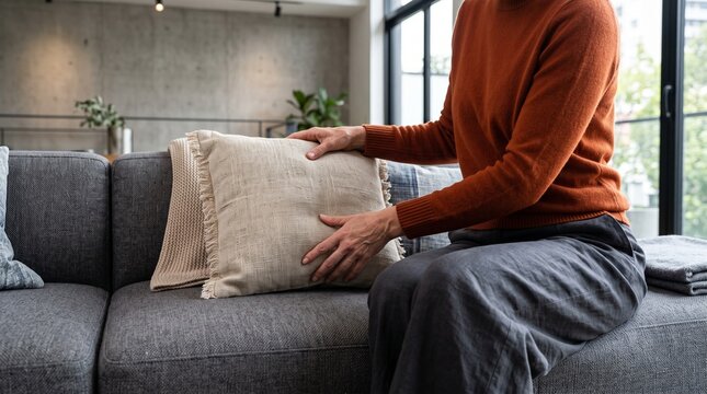 Woman arranging decorative linen cushion on grey sofa in living room.