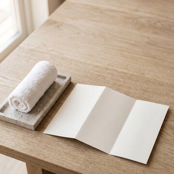 Blank Spa Brochure Mockup with Rolled Towel Stone Tray and Vertical Copy Space