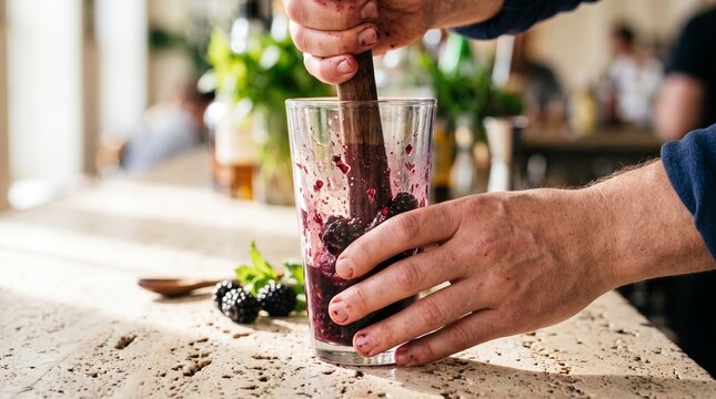 Bartender muddling fresh blackberries in a glass to make a cocktail at a bar counter.