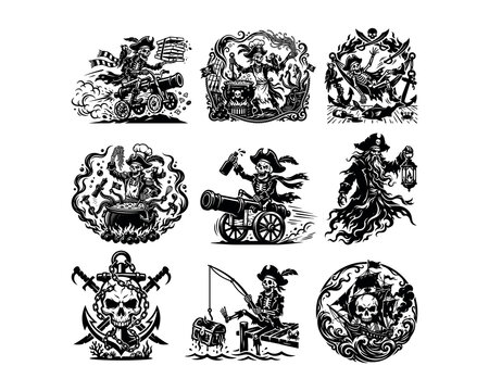 pirate silhouette, pirate captain, pirate skull, skeleton pirate, pirate ship, cursed pirate, ghost pirate, pirate lantern, pirate fish, pirate parrot, pirate stealing, pirate hat, pirate beard