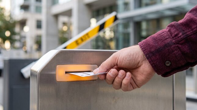 Man's hand inserting parking ticket into automated barrier gate machine.