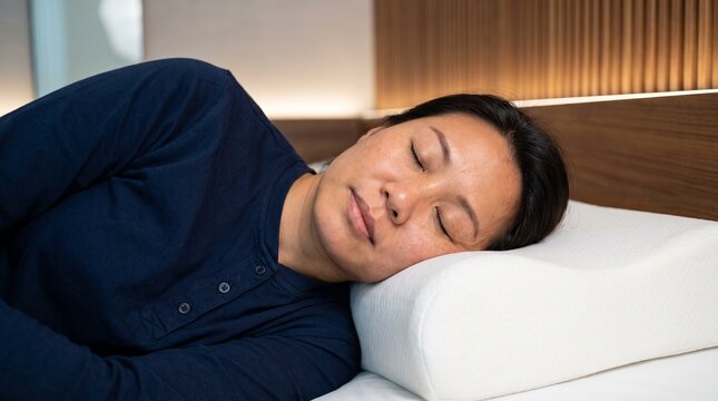 Asian woman sleeping peacefully on ergonomic memory foam pillow in modern bedroom.