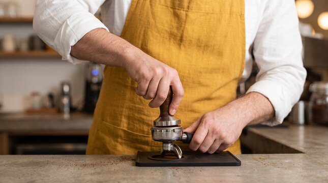 Male barista tamping fresh coffee grounds into portafilter in modern cafe.
