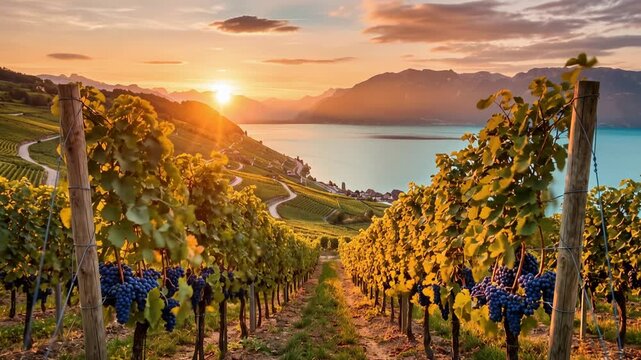 Sunset vineyard with neat rows of ripe grapes glowing beneath golden sunlight, warm lens flare, cinematic harvest landscape, 4K video