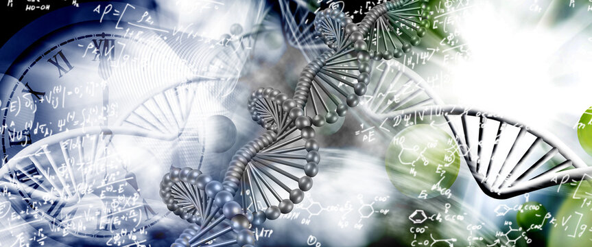 Representation of DNA structure combined with mathematical formulas and scientific symbols