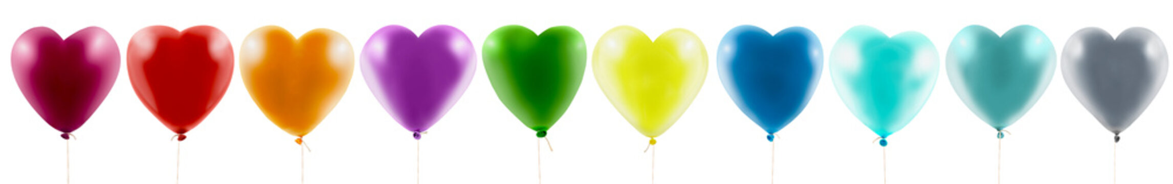 Colorful heart-shaped balloons lined up in a row on a white background