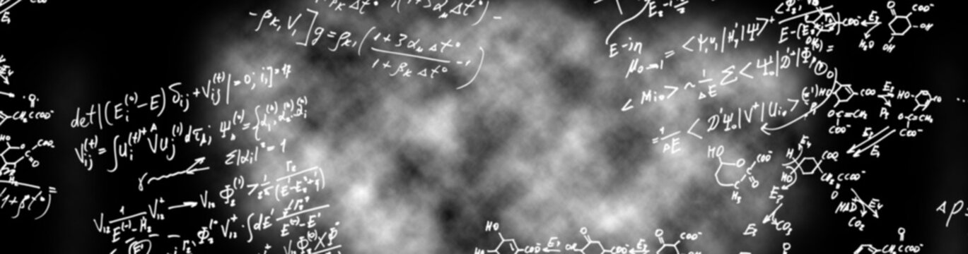 Mathematical equations and symbols displayed in a chaotic manner on a dark background