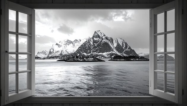 A serene black and white landscape of a majestic mountain range seen through an open window overlooking a calm body of water
