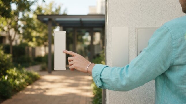 Hand Pressing Intercom at Modern Apartment Entrance