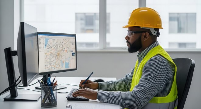 GIS engineer analyzing a digital map on a computer screen in an office environment