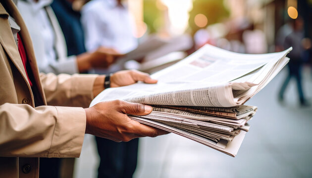 Side view close up of news vendor holding stack of daily newspapers on busy urban sidewalk