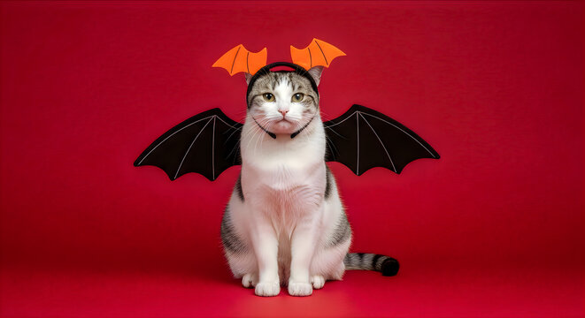 Adorable cat wearing a bat costume for halloween against a red background