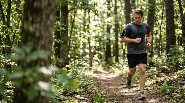 Athletic man running on a trail in the forest for a morning workout