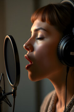 Mujer cantando en estudio de grabaci&oacute;n con micr&oacute;fono y auriculares