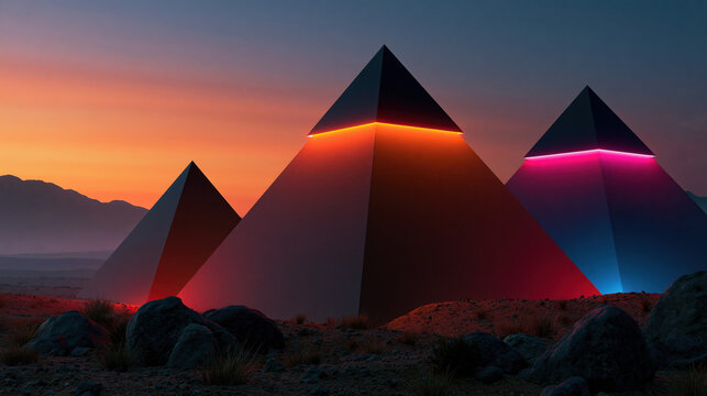 Futuristic pyramid in desert at sunset with glowing neon light and mountain silhouette