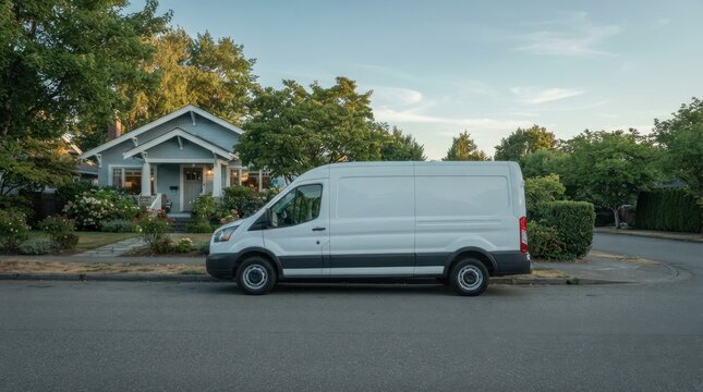 Blank White Cargo Van in Residential Setting