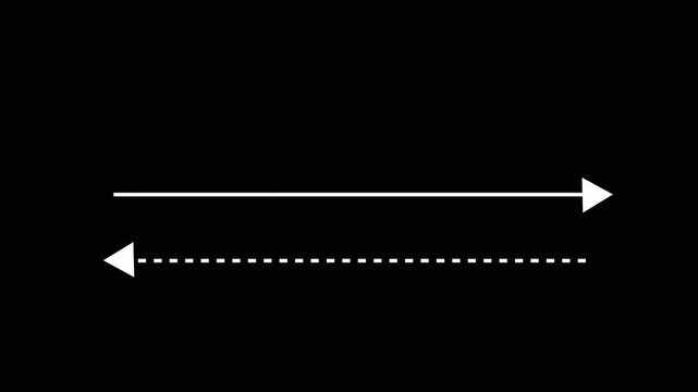Black straight arrows animation. Reveal and hide animation of  straight, dashed, and dotted arrows. Isolated on a white background. Glowing arrow animation with alpha channel in 4k.