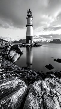 A serene black and white scene of a towering lighthouse standing on rocks by calm waters under a cloudy sky