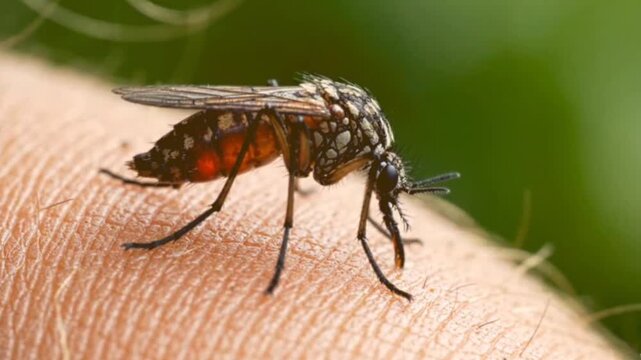 Macro closeup of mosquito biting human skin collecting blood sample for medical research showing detailed insect anatomy in high definition cinematic footage.