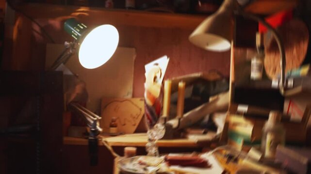 Handheld view of a messy artist's workshop