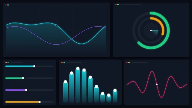 Modern digital dashboard interface with various data visualization charts and UI elements.
