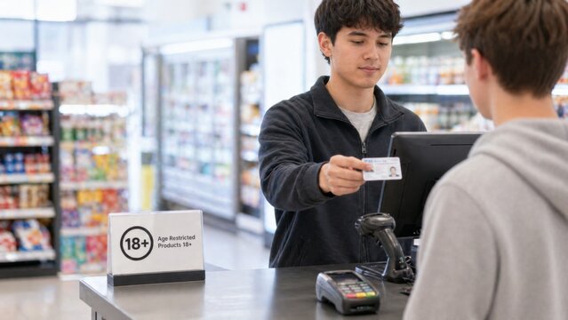 Age restricted product purchase at store counter with ID check