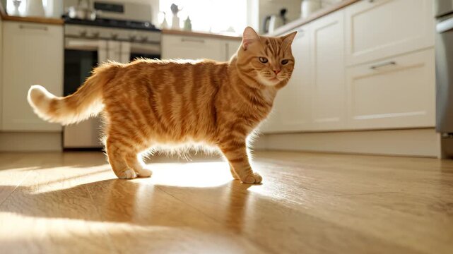 Ginger tabby cat walking across sunlit wooden kitchen floor, low-angle view