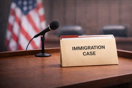 Immigration case file on wooden desk in courtroom setting, law and order theme