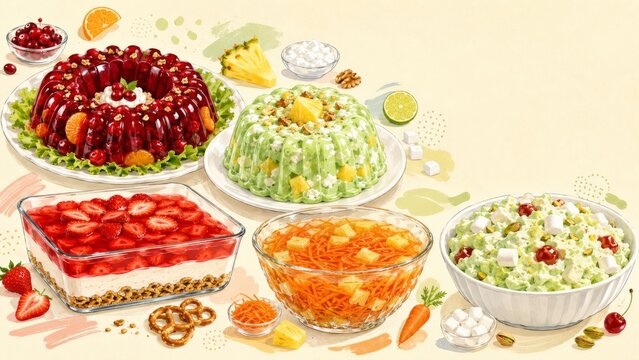 Jello salad variety on display with fruits and nuts, festive Thanksgiving dessert