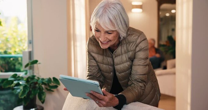 Happy, tablet and senior woman in retirement home with reading blog on app for pension planning. Smile, research and elderly person with technology for online article with newsletter subscription.