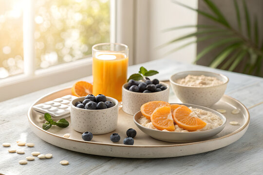 Healthy breakfast tray with fresh fruit berries and orange juice on table