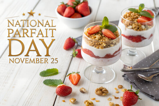 National parfait day strawberry yogurt parfaits with granola on white table
