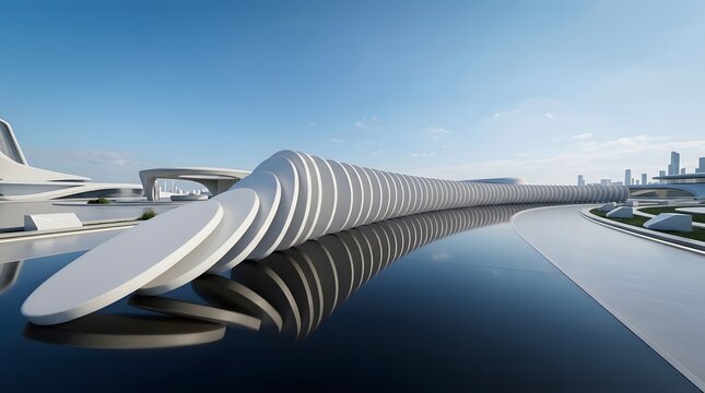 long row of large white oval slabs standing and gradually leaning like dominoes on reflective surface