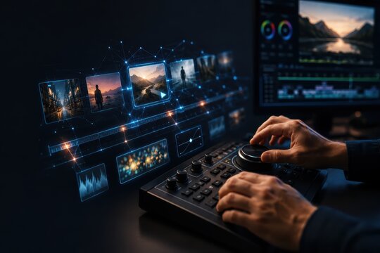 Hands Adjusting Video Timeline on Professional Control Surface with AI Overlay