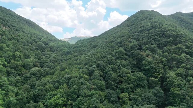 Paesaggio montano verde con due pendii ricoperti da foresta, valle centrale e cielo parzialmente nuvoloso