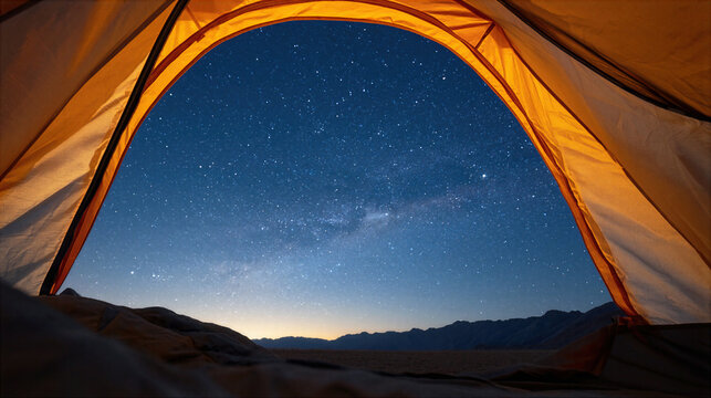 Starry night sky viewed from inside camping tent with mountain silhouette