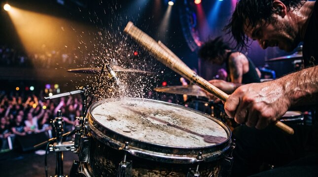 Drummer hitting snare drum with water splash on stage at live concert