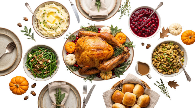 Thanksgiving roasted turkey dinner with traditional side dishes, festive holiday food spread on white background, autumn harvest feast with pumpkins
