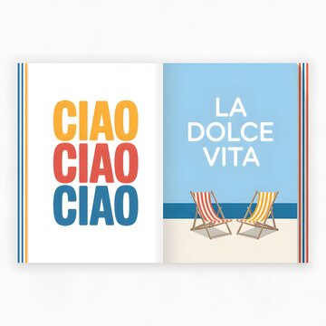 Book Spread with Minimalist Travel Typography and Beach Chairs, Ciao Ciao Ciao and La Dolce Vita Lettering