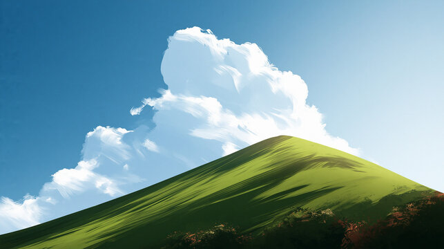 Vibrant Green Mountain Slope Beneath Towering White Clouds and Clear Blue Sky