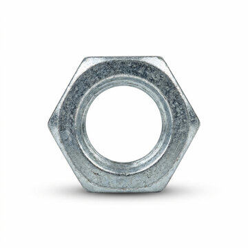 Metallic hex nut isolated on white background, top view macro shot of hardware fastener