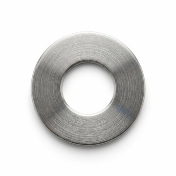 Stainless steel flat washer isolated on white background, top view metal fastener ring