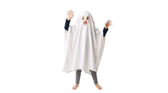 Ghost costume for Halloween, child wearing white bedsheet ghost outfit, spooky kid posing in homemade phantom disguise on white background