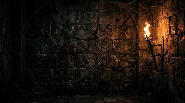 Ancient stone wall with a burning torch. Dark dungeon background for Halloween themes.