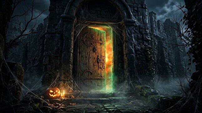 Ancient wooden door ajar at night. Glowing portal entrance in a dark spooky forest.
