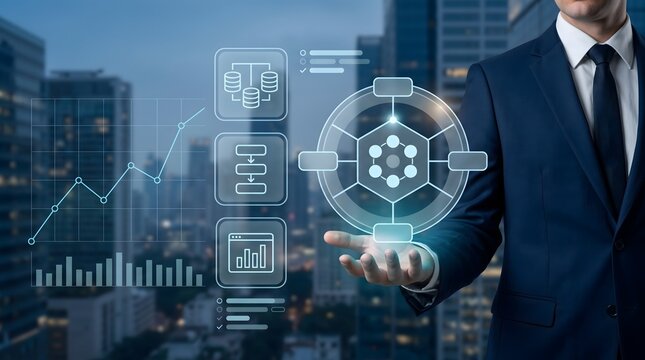 Corporate Data Integration Interface Showing Businessman Hand Managing Holographic Network Infrastructure and Analytics